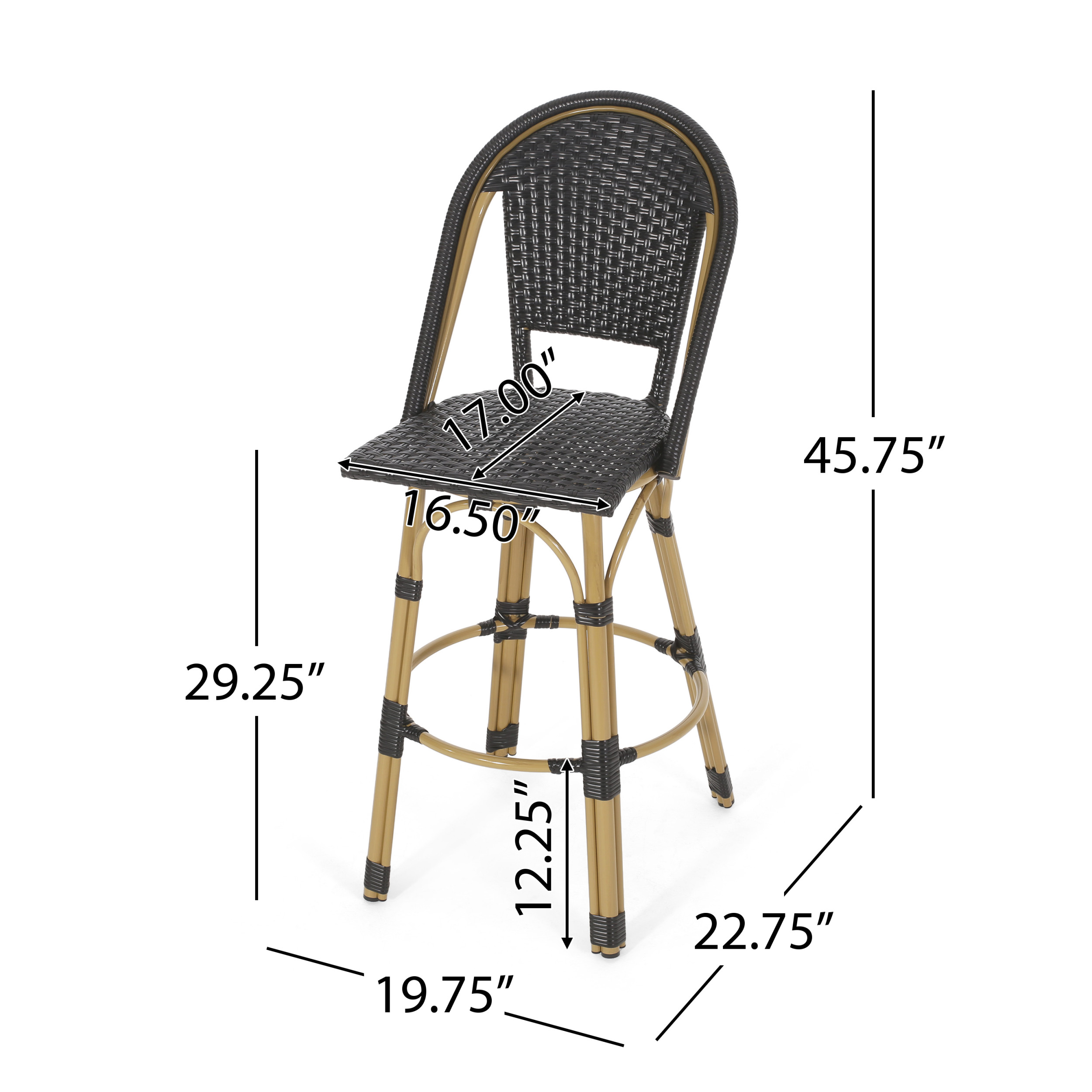 Cortina Wicker and Aluminum Outdoor 29.5 Inch Barstools, Set of 2, Black and Bamboo Finish