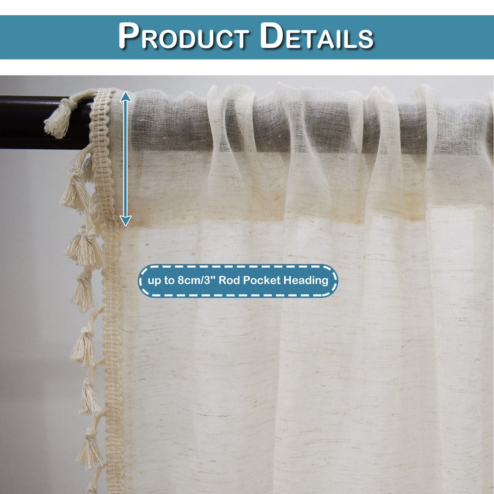 Lapalife Tassel Sheer Curtain Rod Pocket Boho Farmhouse Linen Window Drapes for Living Room Bedroom Decor, Sigle Panel, 52"x 84", Cream