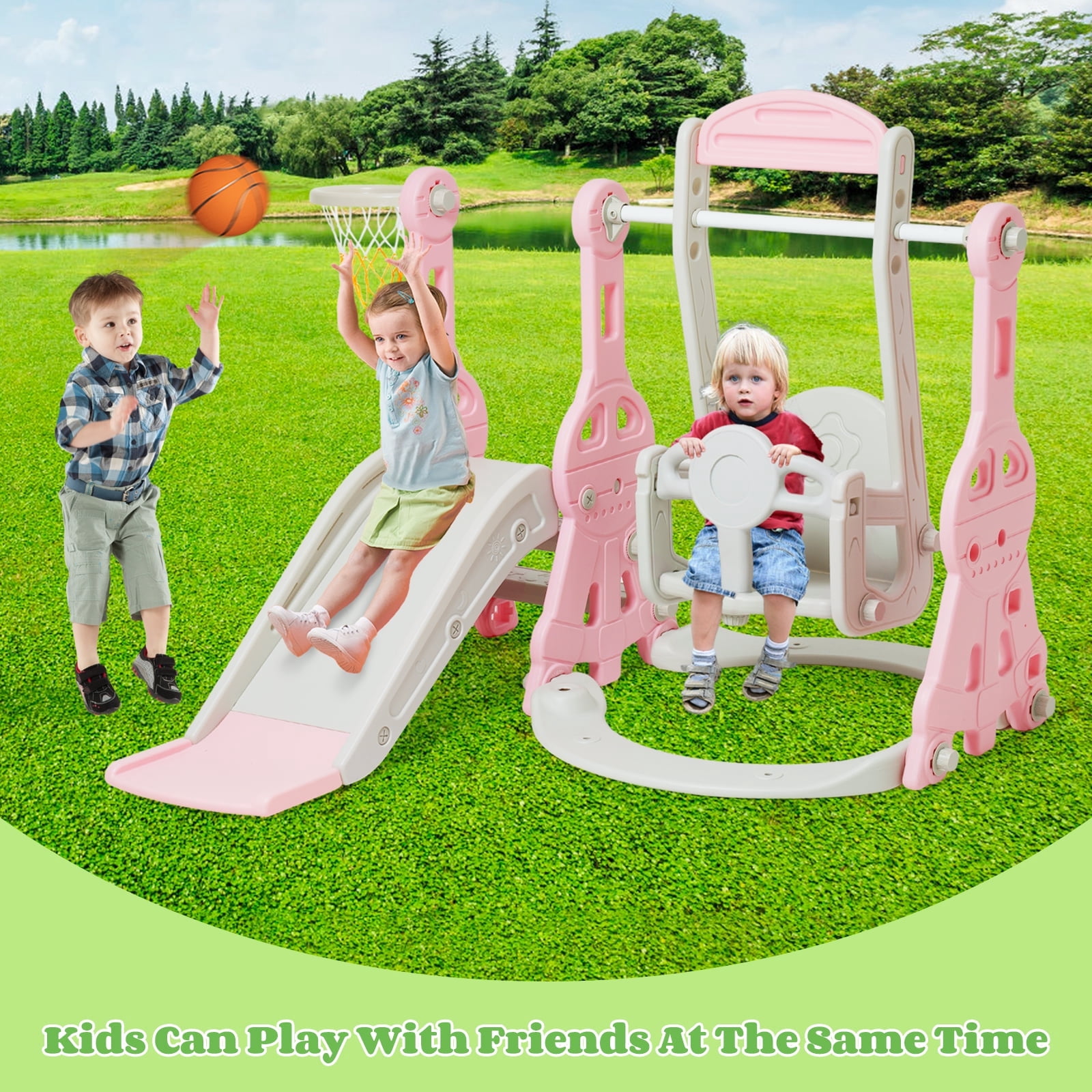 Ealing 4 in 1 Slide and Swing Set for Toddlers Age 1-2 ,with Bucket Style Seat and Basketball Hoop ,Baby Outdoor Indoor Playset Climber Toys,Pink