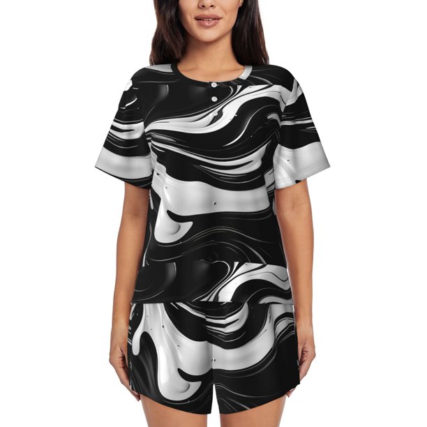 Fotbe Abstract Black White Swirls Conjunto de Pijama Estampado para Mujer, 2 Piezas, Ropa de Dormir con Camiseta de Manga Corta y Shorts Suaves-Large