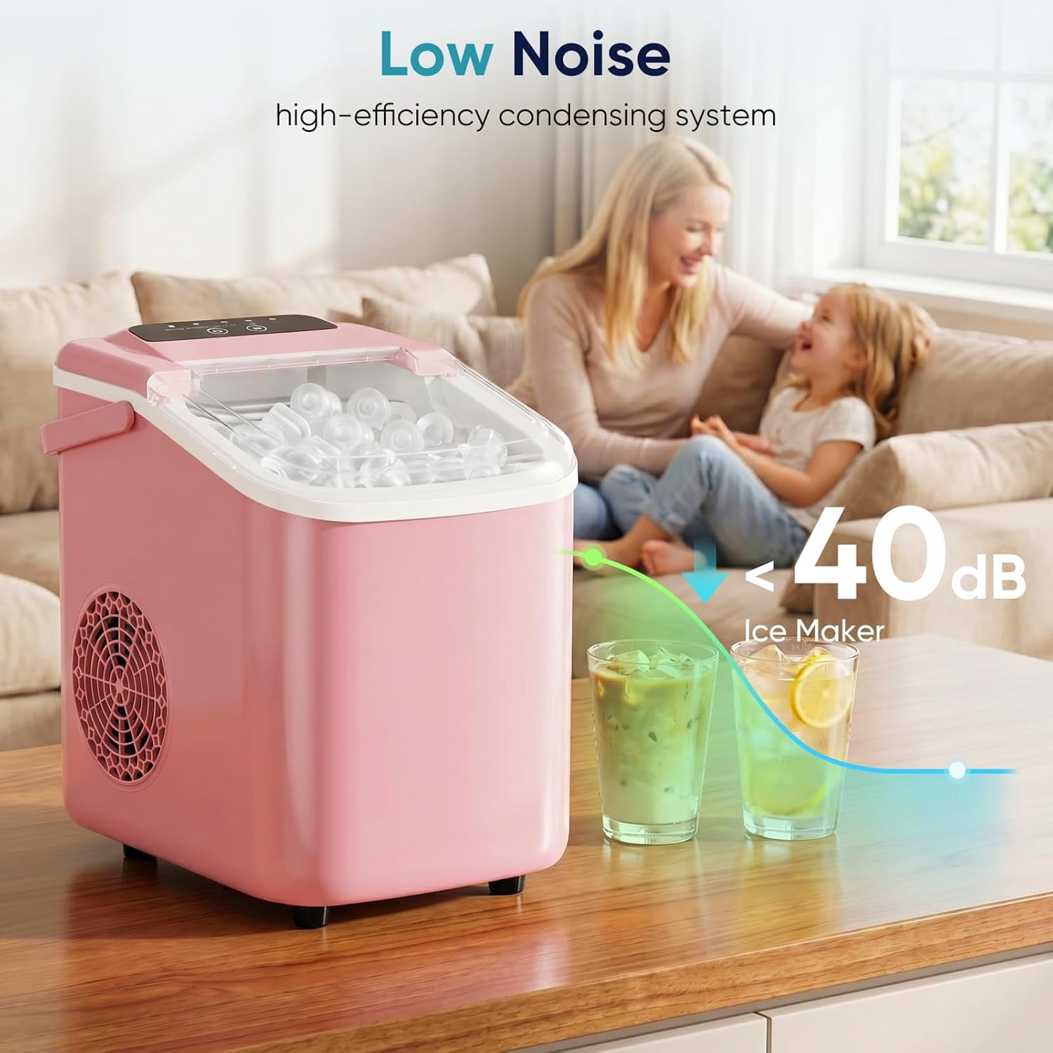 Ice Maker, Countertop Ice Machine with Handle, 9 Bullet Cubes in 6~8 Mins, 26lbs Daily, Self-Cleaning with Basket and Scoop for Home/Kitchen/Camping/RV