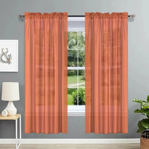 2 Pieces semi sheer brick color faux silk see thru curtain textured panels window treatment with rod pocket privacy light filtering drapes for any room home décor