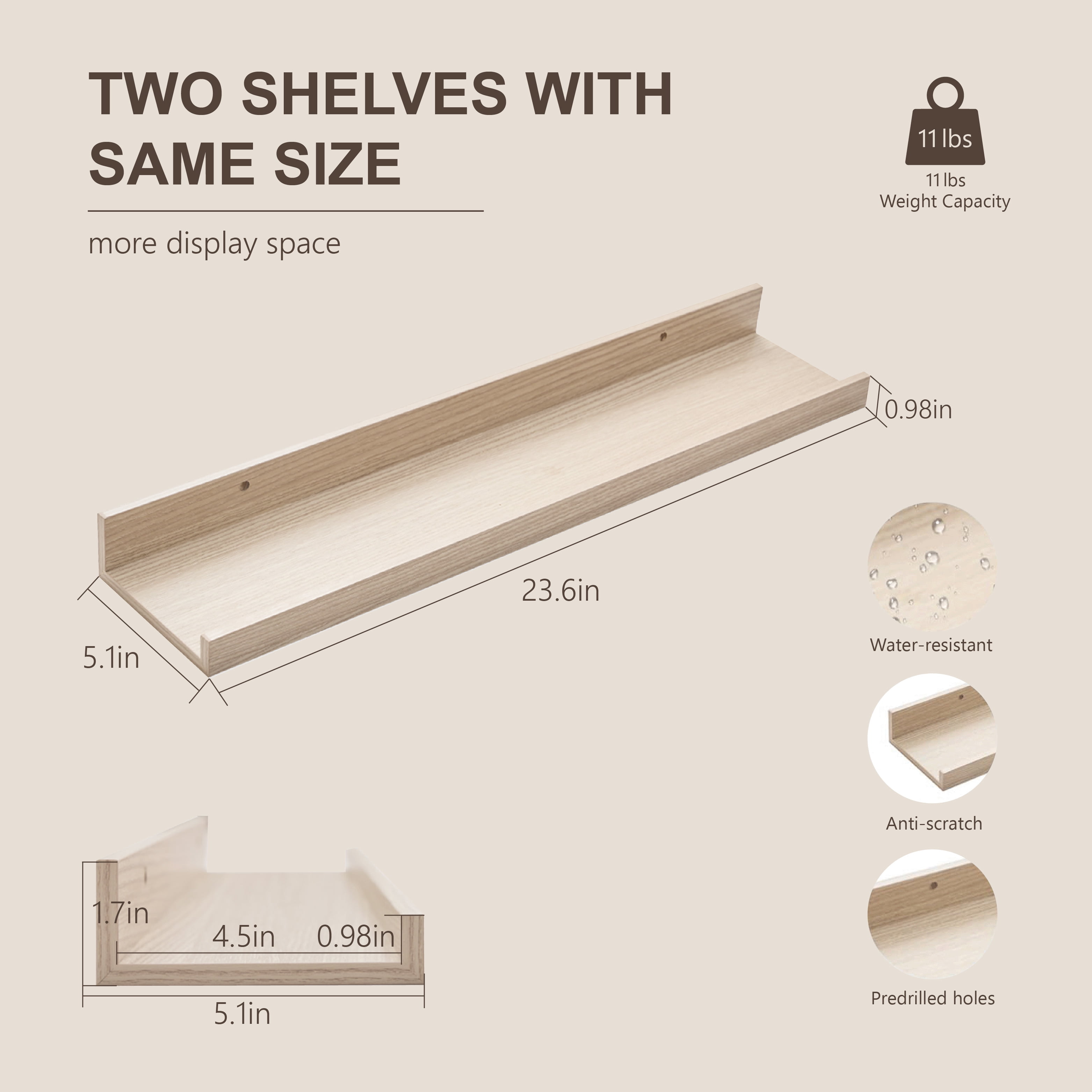 Mifurn 24'' Wood Floating Shelves for Wall Picture Ledge Shelves, Set of 2, Oak