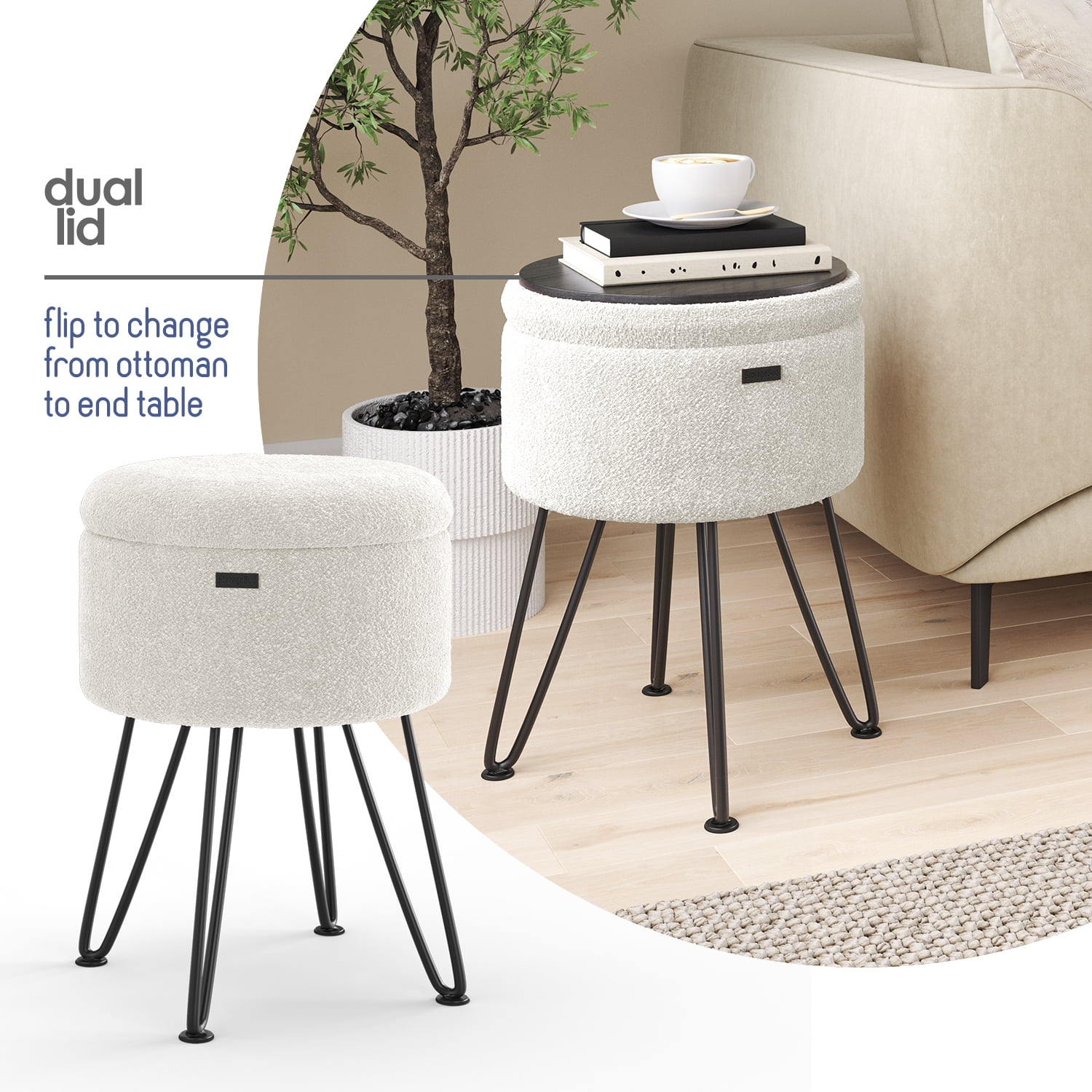 LammaLoe Small Round Ottoman with Storage, Boucle Ottoman Foot Stool with Lid, Upholstered Vanity Stool for Living Room & Bedroom, White