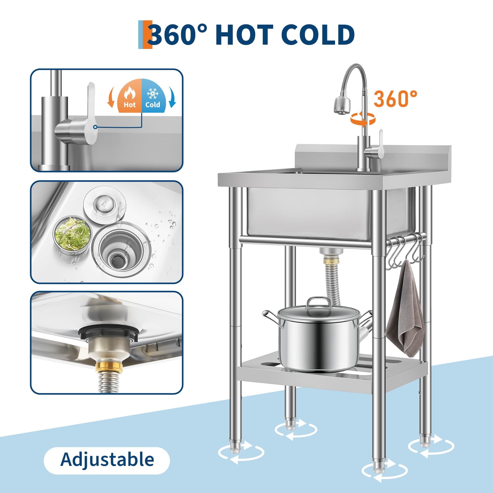 Freestanding Stainless Steel Utility Sink 16.8"x12.8"x7.6" Single Bowl with Adjustable Legs, 360° Swivel Hot & Cold Faucet
