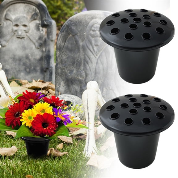 Grave Flower Holders with lid pack of 2 Black, Memorial Vases for Graves Strong Plastic Grave Flower Pots Insert in Grave-side, Grave Vase for Grave Decorations