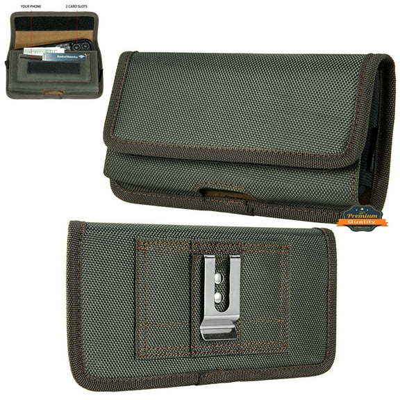 For AT&T Calypso 4 Universal Horizontal Cell Phone Case Nylon Holster Carrying Pouch with Belt Clip and 2 Card Slots fit XLarge Devices - Midnight Green