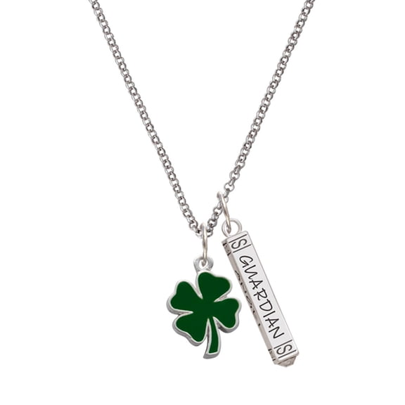Delight Jewelry Silvertone Two Sided Green Enamel Lucky Four Leaf Clover Silvertone Guardian Angel Bar Charm Necklace, 23"