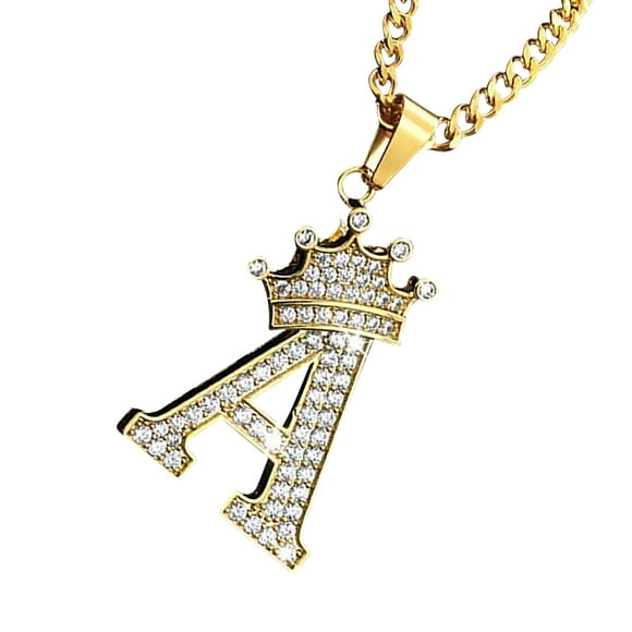 jovati 26 English Womens Letters Crown Pendant Necklace Stainless Steel Chain Zircon