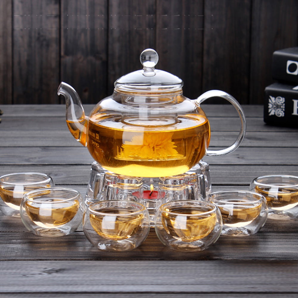 2 Small Round Teacup Mugs Mini Teapot w/ Filter Clear Glass Tea Set 