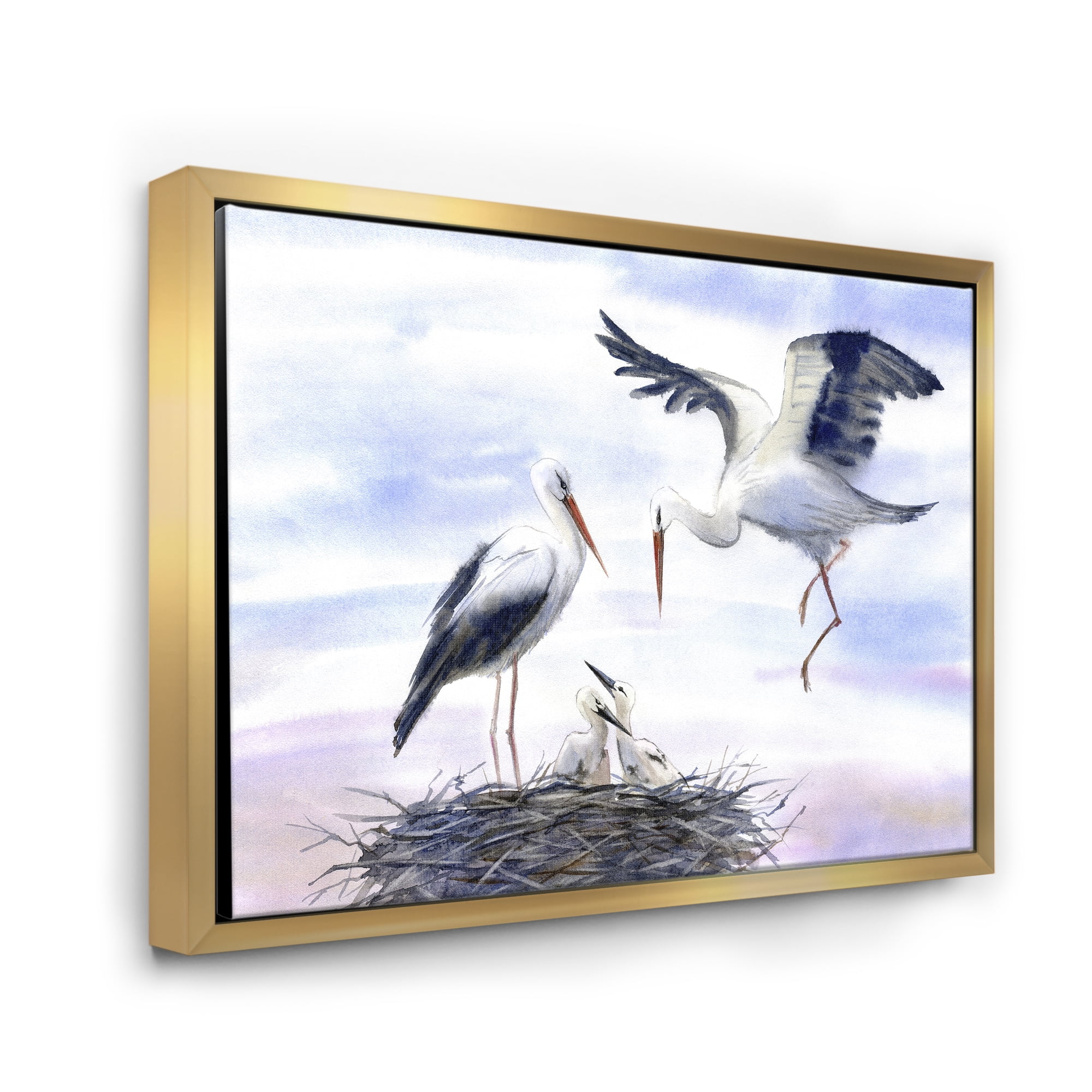 Storks With Babies In The Nest 32 in x 16 in Framed Painting Canvas Art Print, by Designart