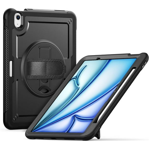 Case for iPad Air 11 Inch 7th Gen 2025 M3 & 6th Gen 2024 M2 - Lightweight Rugged Dual-Material Design with 360° Rotating Hand Strap, Foldable Kickstand, Full Protection for Work, Travel, and Creative