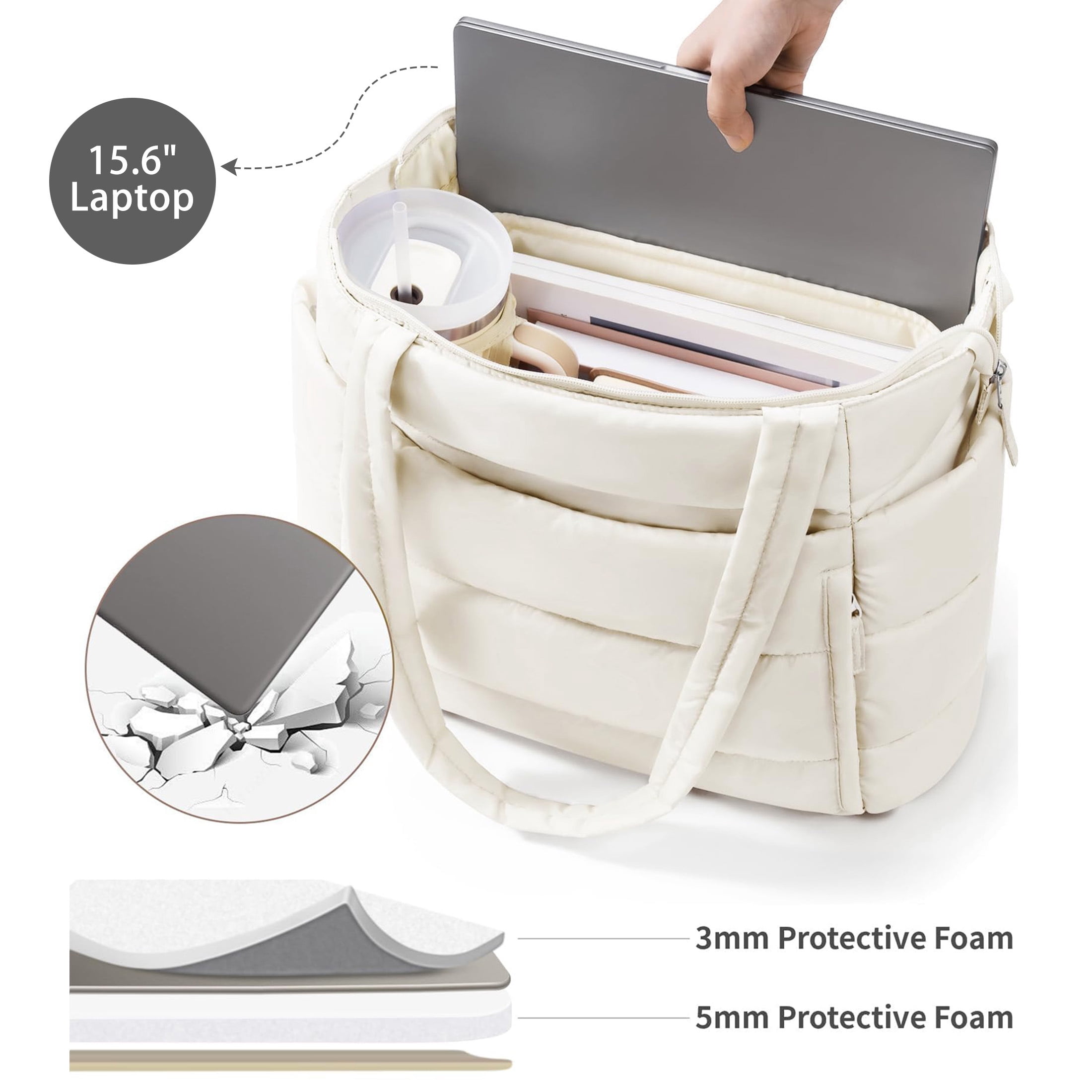 Puffer Tote Bag for Women, Large Capacity Lightweight Quilted Shoulder Bag, Waterproof Handbag for Work, Travel, Gym, Beige
