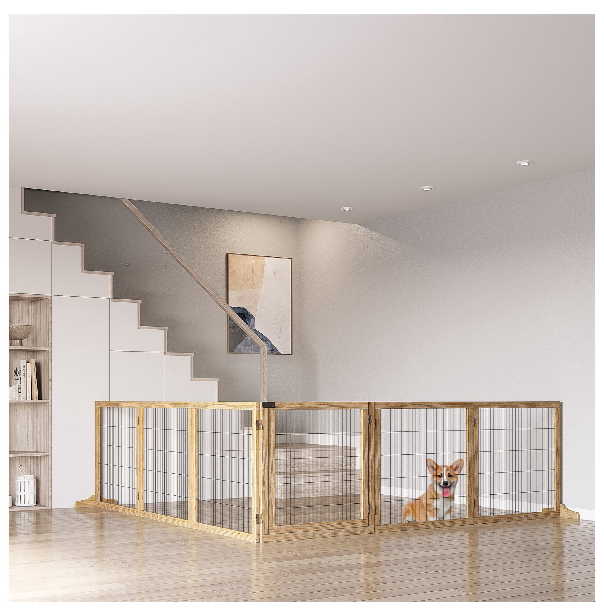 Wooden Dog Gate, 170" Freestanding Pet Gate, 6-Panel Foldable Dog Safety Barrier with 2 Support Feet for House Doorway Stairs, Small and Medium Dogs, Natural Wood