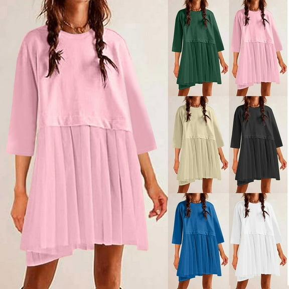 USSUMA Womens Summer Dresses Women'S Casual Dresses 3/4 Sleeved Crew Neck Casual Solid Color Maxi Dress Vintage Dress Fashion Dresses Work Clearance Sales Beige Dress Size-L