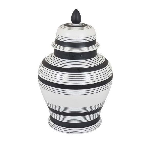 Decorative Jar w Lid, Minimalist Contrast, White Blue Lines, 16 Inch