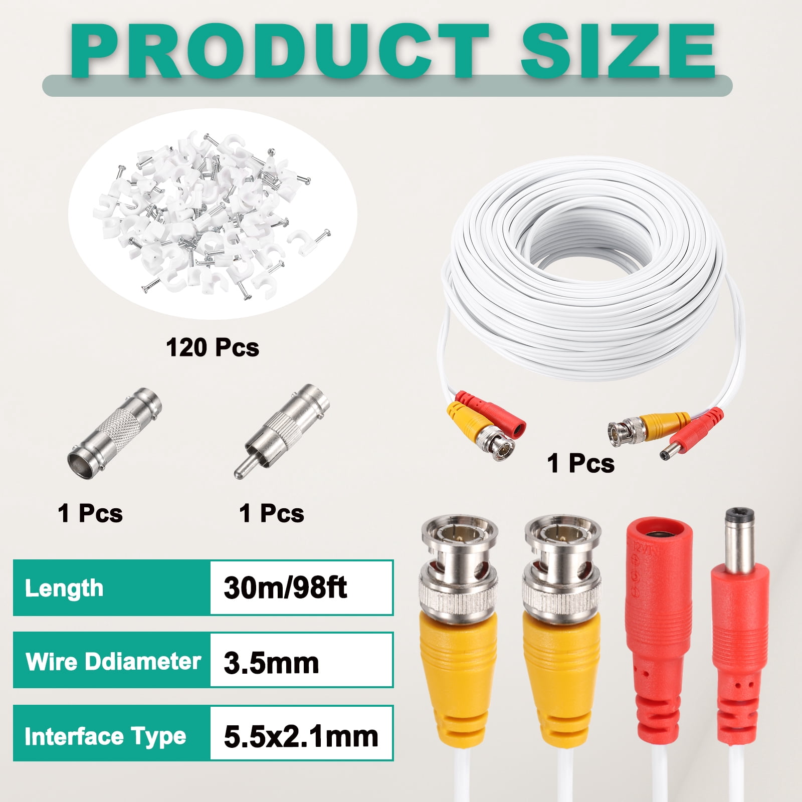 BNC Video Power Cable,30m/98ft All-in-One Security Camera Wire,1 Set White