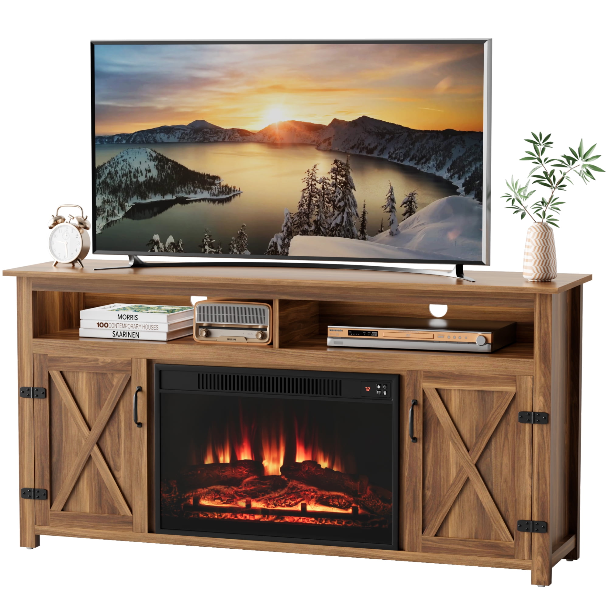 Homall Fireplace TV Stand Farmhouse TV Stand for TVs up to 65 inch with 26" Fireplace Rustic Multimedia Entertainment Center Media Console for Living Room with Barn Doors,Dark Brown