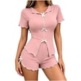 thumbnail image 3 of Women Pajama Set Solid Bow Stretch Short Sleeve Top with Elastic Waist Casual Shorts Outfit, 3 of 5
