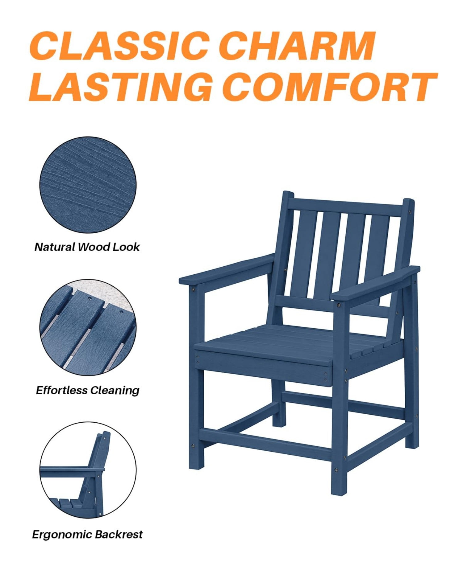 HDPE Outdoor Dining Chair with Armrests, All-Weather Patio Dining Chair, Heavy Duty HDPE Outdoor Armchair for Deck, Porch, Garden, Poolside, Backyard, Navy