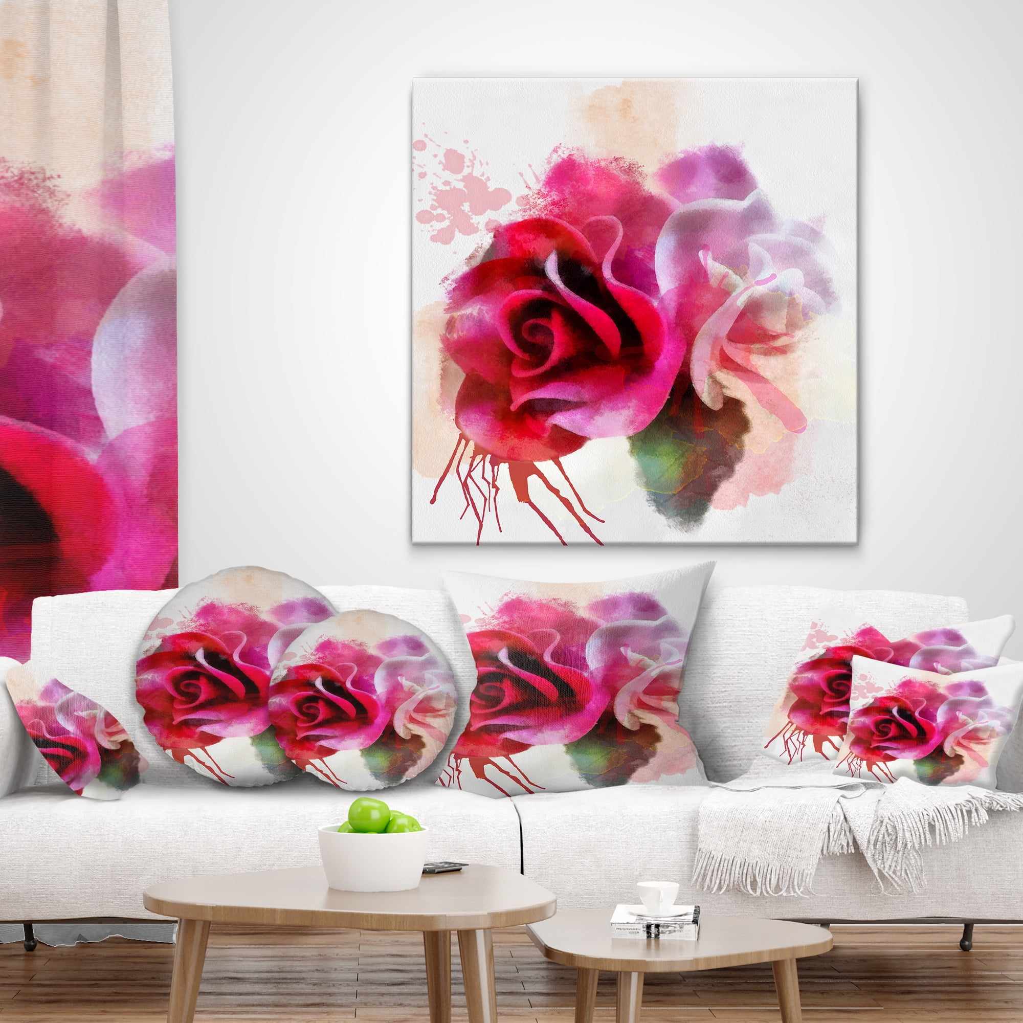 Designart White Red Roses with Color Splashes - Floral Throw Pillow - 18x18
