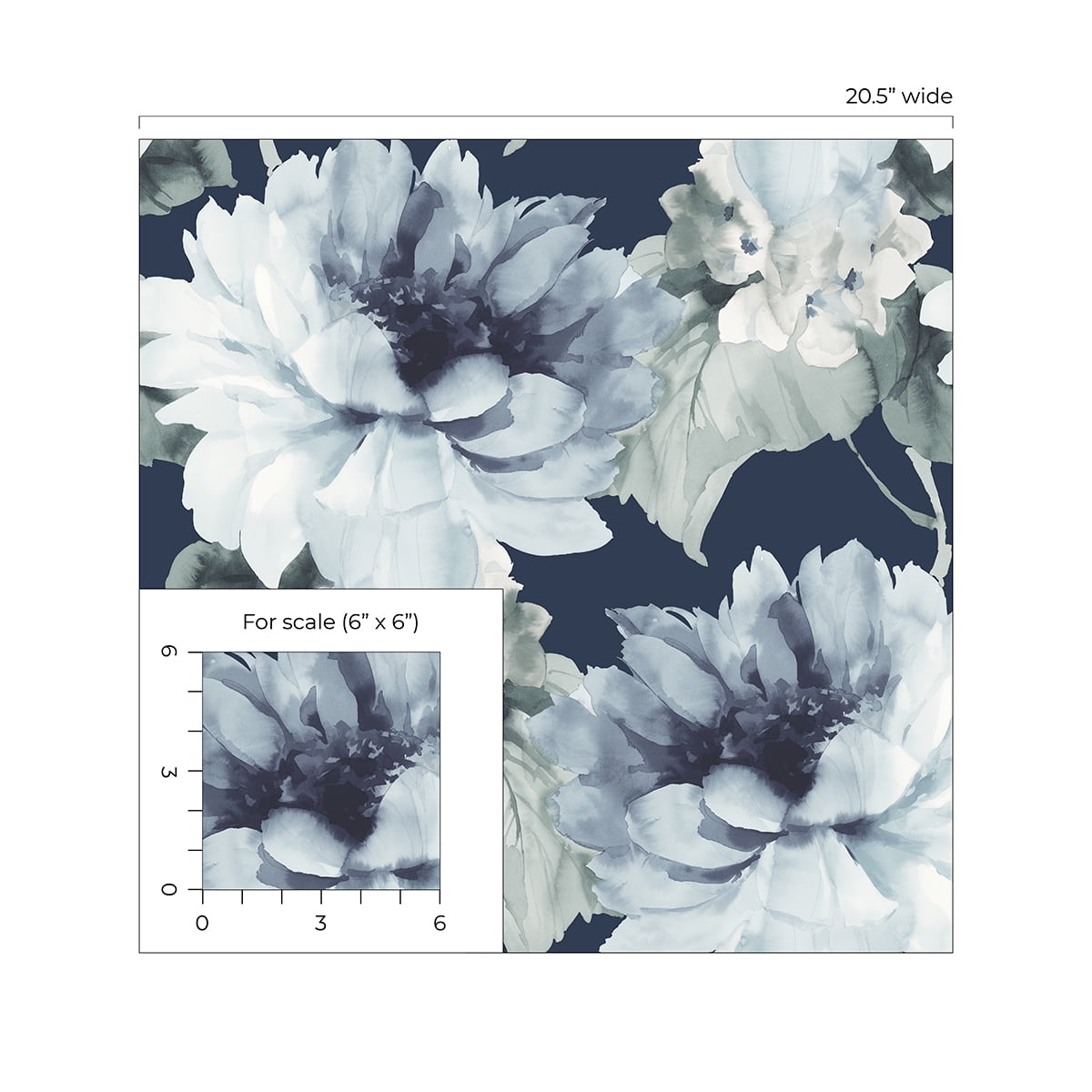 NextWall Harry & Grace Watercolor Floral Peel and Stick Wallpaper 20.5 in. W x 18 ft. L - Navy Blue & Slate Green