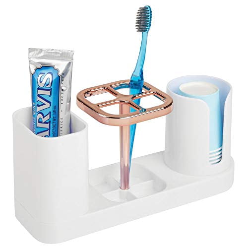 mDesign Plastic Bathroom Vanity Countertop Dental Storage Organizer Holder Stand for Electric Spin Toothbrushes//Toothpaste with Compartment for Rinse Cups Light Pink//Rose Gold Compact Design
