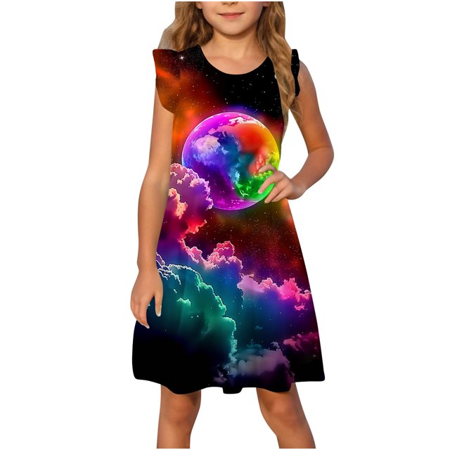 COM1950s Robe d'Été Décontractée, Cadeaux pour Petite Fille, Robe d'Été à Manches à Volants Imprimée Ciel Étoilé pour Enfants 4-14 Ans, Tenues pour Bébé Fille, Cadeaux pour Petites Filles, Robe pour Bébé Fille