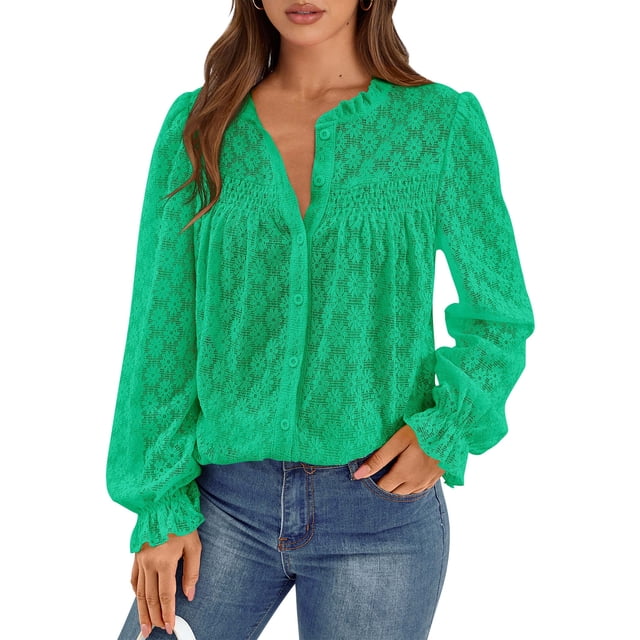Blusa casual elegante PRETTYGARDEN para mujer con ojales, verde