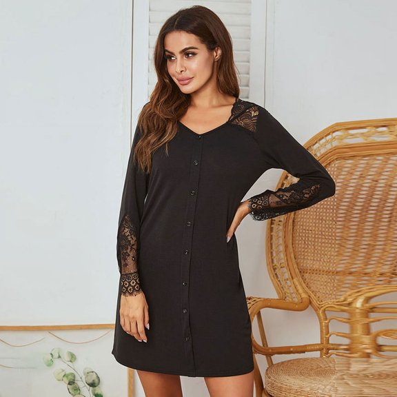 Women's Night Shirt, Women Nightgowns Lace Trim Long Sleeves Sexy Sleep Shirts V Neck Sleepwear Pajama Dress Button Decor S-XXL
