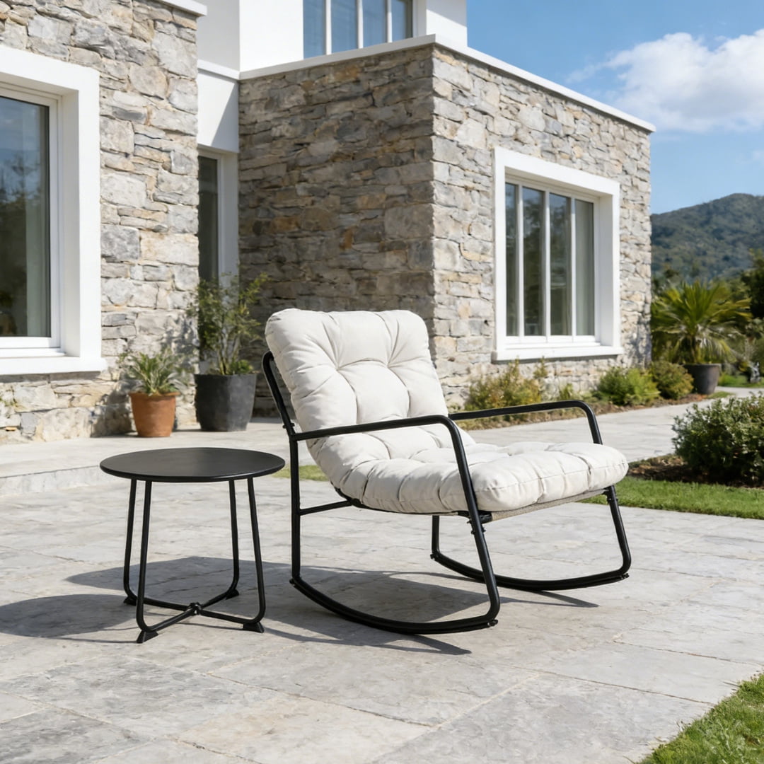 2-Piece Metal Comfy Modern Patio Rocking Chair Set with Side Table, Off-white