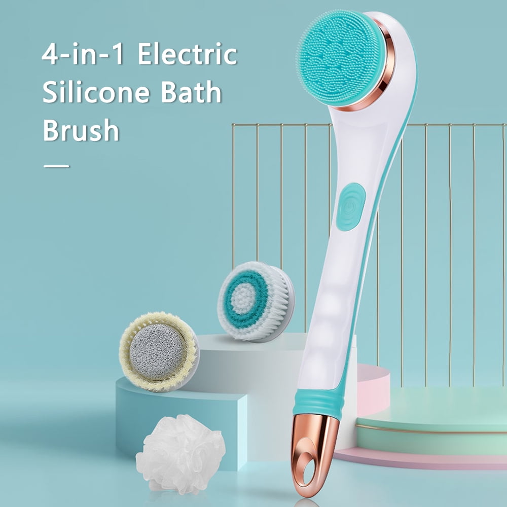 Silicone Bath Brush，4 In 1 Electric Silicone Shower Brush Waterproof Long Handle Massager Bath