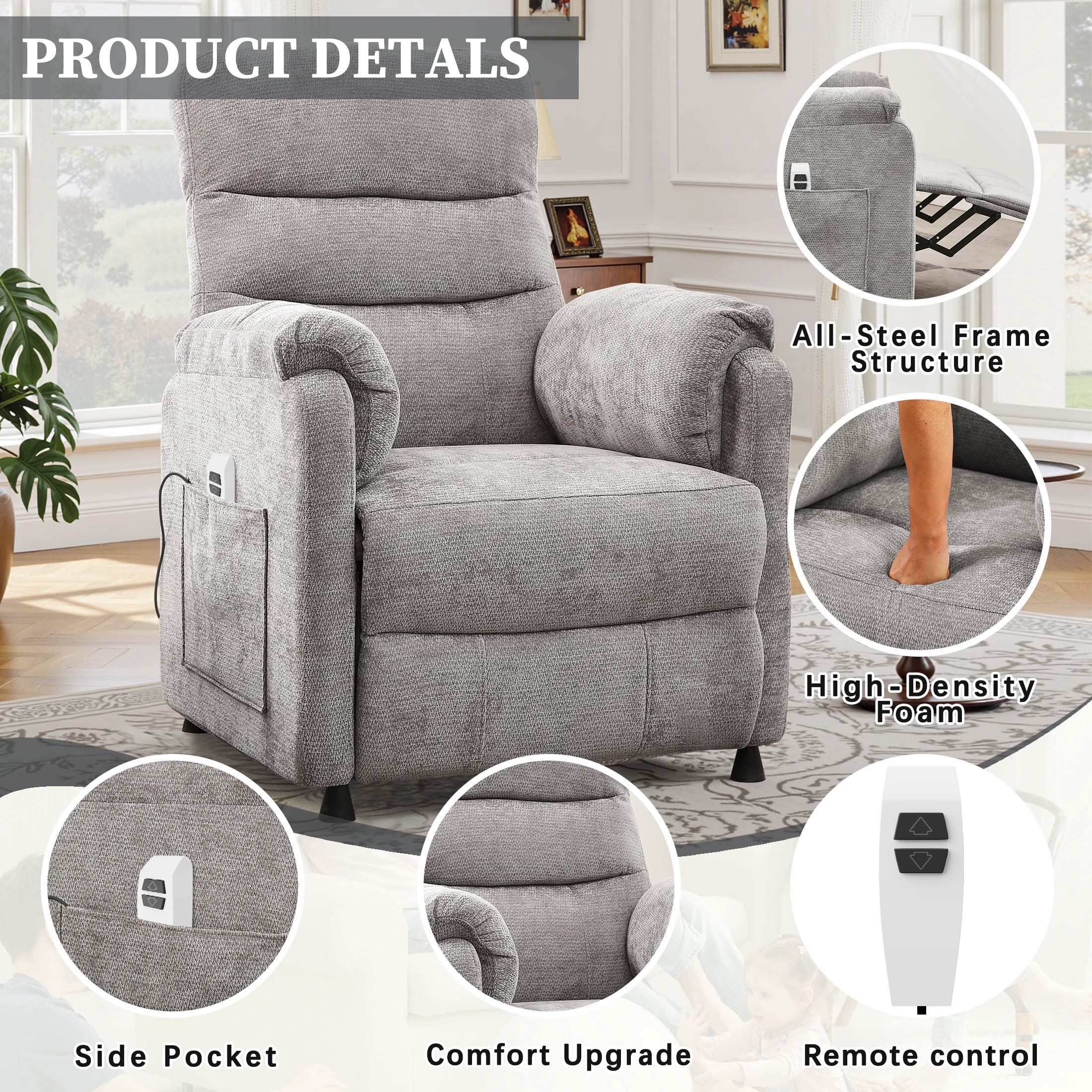 Electric Power Recliner Chair, Modern Chenille Fabric Recliner with Side Pocket & Remote, Nursery Recliner Chair for Living Room Small Space, Gray
