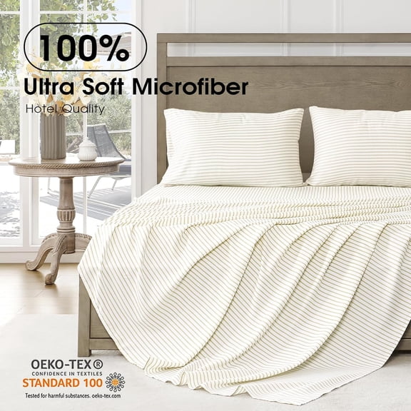 Queen Sheet Set - Ultra Soft Striped Sheets - Brushed Microfiber - Deep Pockets up to 16" - Easy Care - Hotel Luxury 4 Piece Striped Sheets Queen, Stripe Beige