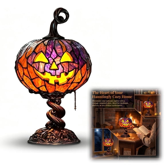 Stained Glass Halloween Pumpkin Table Lamp – Jack-O-Lantern Night Light, Vintage Style USB Powered Desktop Decor for Fall Parties