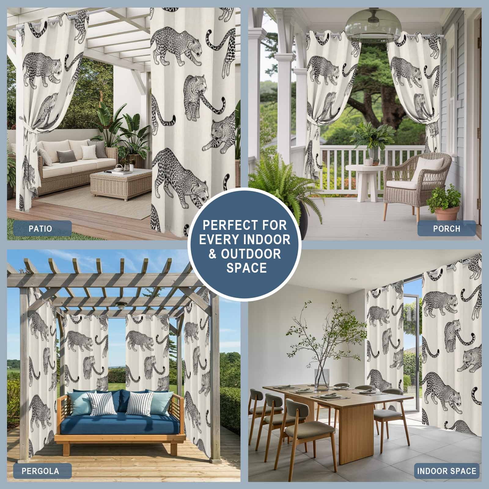 Modern Leopard Outdoor Curtains for Patio, Wildlife Jungle Style Animals Linen Texture Sunshade Privacy Drapes Grommet Waterproof Outside Curtains for Porch/Cabana/Balcony 54"x 108", 1 Panel