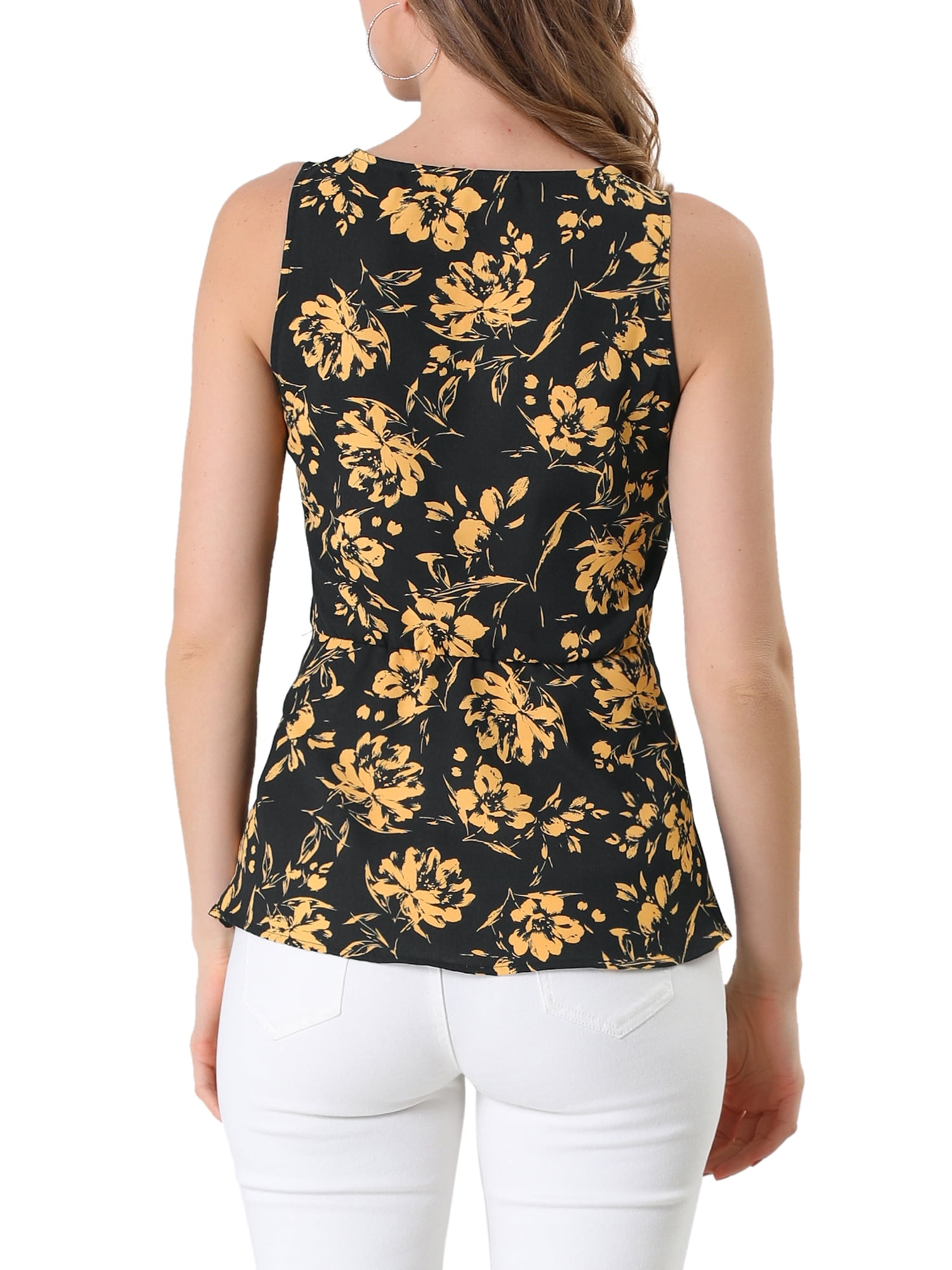 DARING DIVA Women's V Neck Sleeveless Wrap Peplum Tie Waist Top L Black Yellow