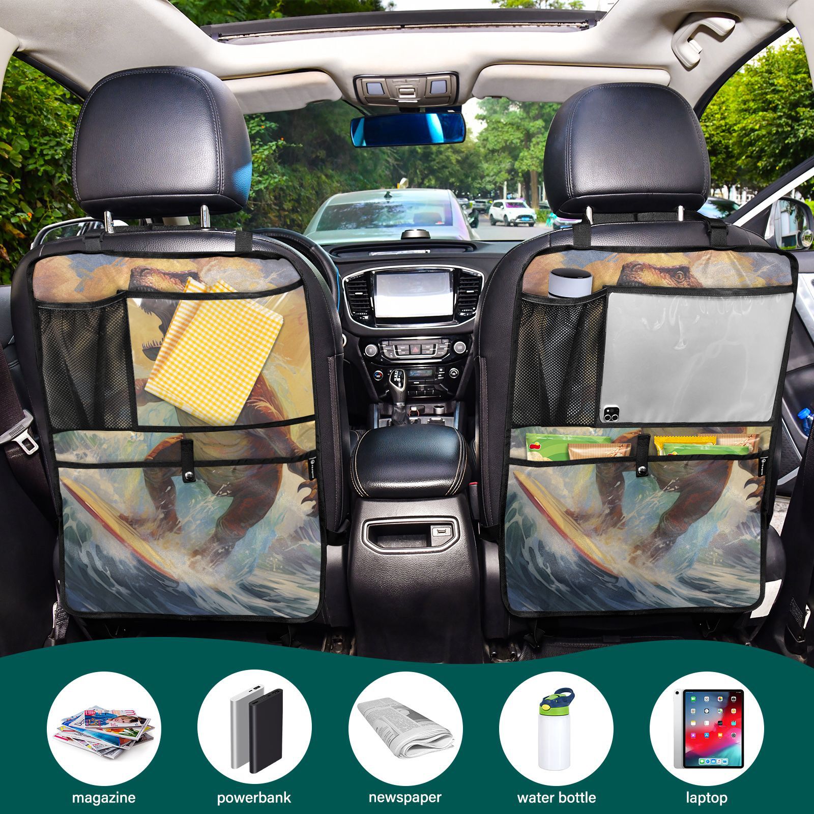 Dinosaur surfing epic wave ride(13) Car Seat Back Kick Protectors,4 Pack Kick Mats with Storage Pockets for Vehicles to Protect from Dirt, Mud & Scratches