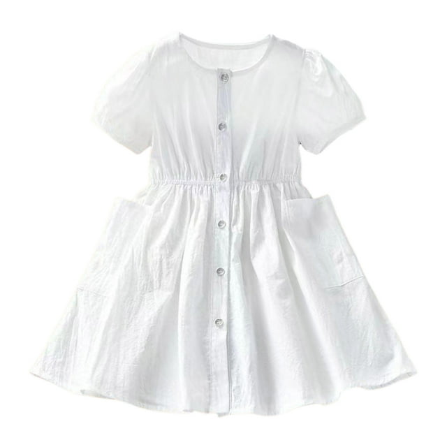 Ywoagh Robe d'Été pour Filles à Manches Courtes, Cardigan Chemise Uni pour Enfant, Robe d'Été Décontractée Blanche