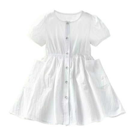 

XFHLMJFF Dresses for Girl Retro Vintage Kids Short Sleeve Solid Color Cardigan Shirt Back to School Sundress