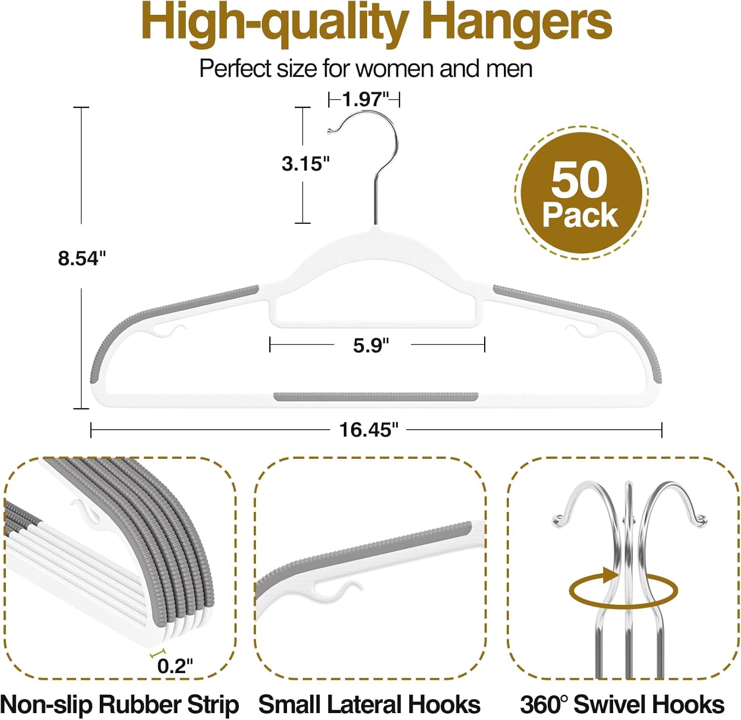 UEAKPIC Plastic Hangers 50 Pack, Heavy Duty Clothes Hangers with 360° Swivel Hook, Non-Slip, Space-Saving, White & Dark Gray