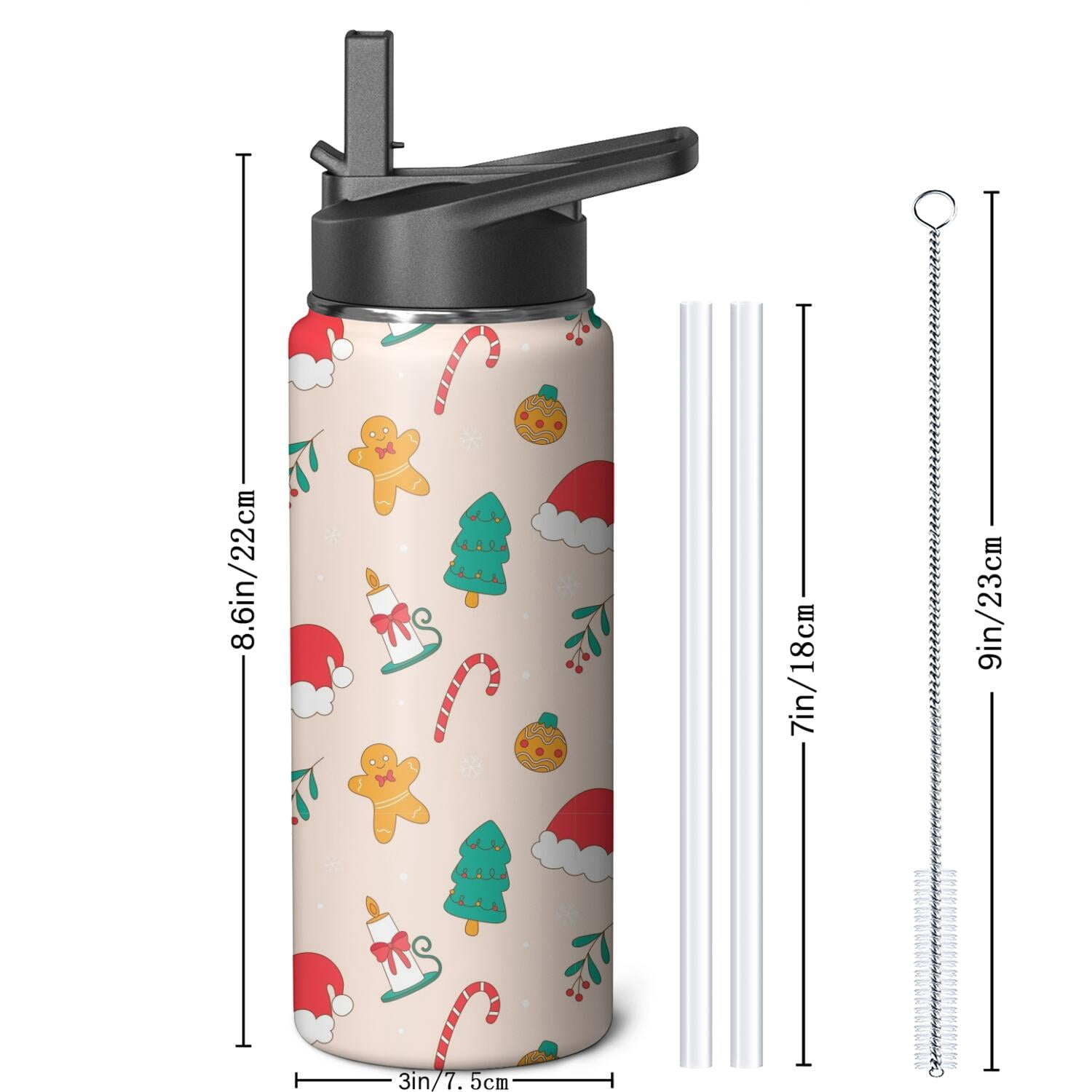 Christmas 18 oz Insulated Stainless Steel Water Bottle with Straw & Cleaning Brush , Leakproof, BPA-Free, 304 Stainless Steel, Wide Mouth, Travel Mug for Car, Gym, Office