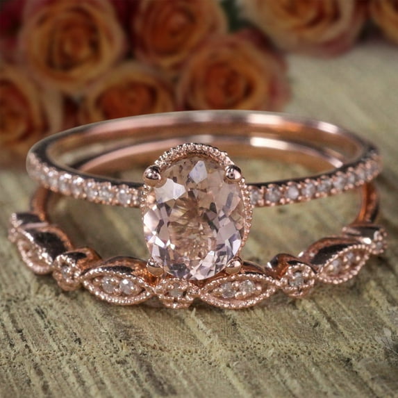 Art Deco 2.25 carat 8x6mm Oval cut Solitaire Morganite Bridal Wedding ring Set with in Sterling Silver 18k Rose Gold Plating