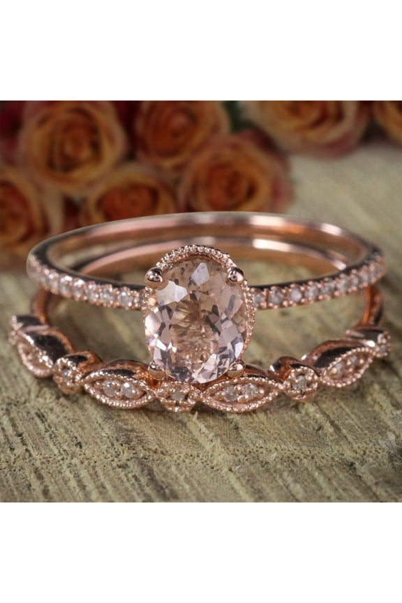 Art Deco 2.25 carat 8x6mm Oval cut Solitaire Morganite Bridal Wedding ring Set with in Sterling Silver 18k Rose Gold Plating