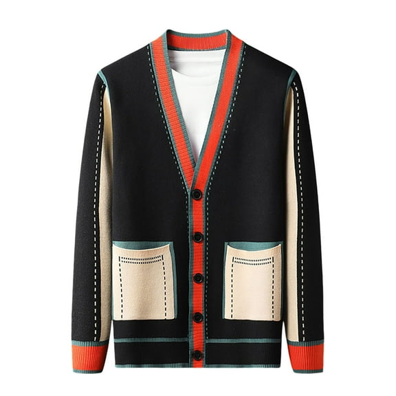 Mens Crewneck Sweater Quarter Zip Color Block Pullovers Comfortable Dailywear Winter Clothes with Buttons, Black, Size XXXL