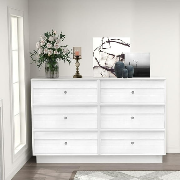 CozyHom 6 Drawers Dresser For Bedroom, Dressers Chest for Home Office, Wood Storage Cabinet for Living Room Hallway Closet, White