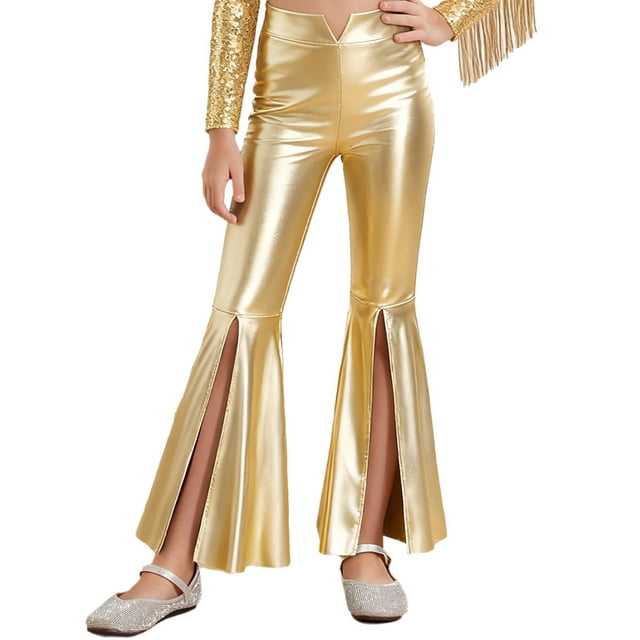 RUNQHUI Kids Girls Split Bell-Bottom Metallic Pants for Party Pageant Dance Sparkle Bell Bottoms Gold 10