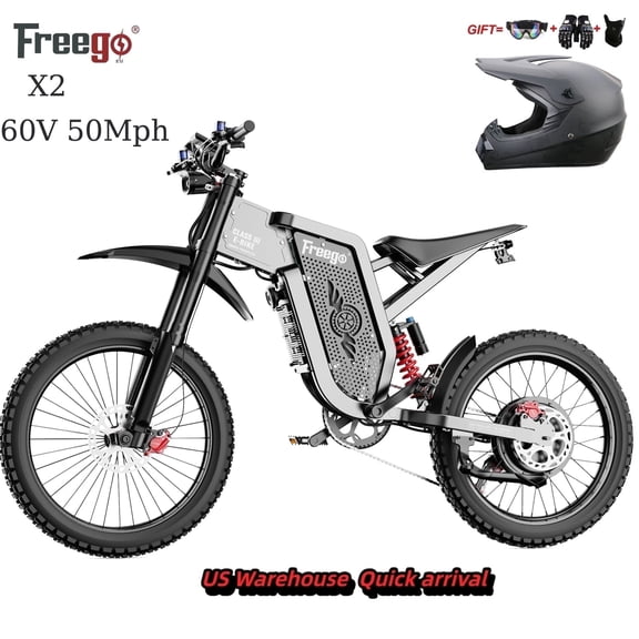 Max Speed 50MPH 19x2.75'' Tire,6000W(Peak) Motor Freego X2 Electric Mountain Bike ,7 Speed Electric Motorcycle for Adults,60V30AH Battery Electric Dirt Bike, Full Suspension Hydraulic Brake UL2849