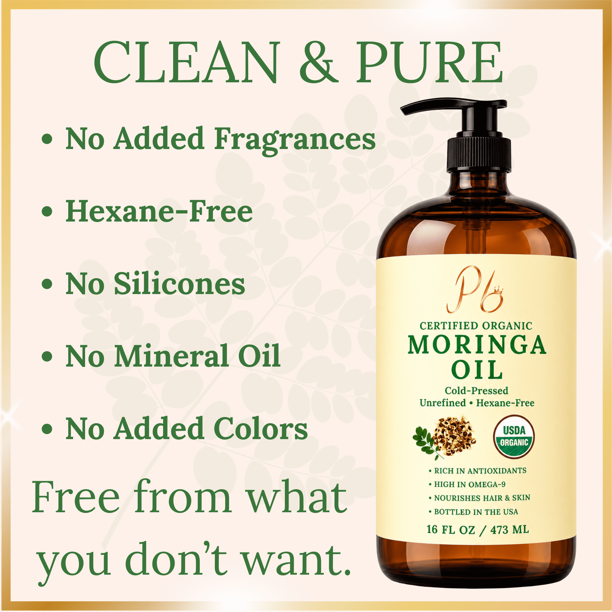 Pomberries USDA Organic Moringa Oil, 16 fl oz, Cold-Pressed & Unrefined, Hair & Skin Oil, Glass Bottle with Pump, Bottled in USA