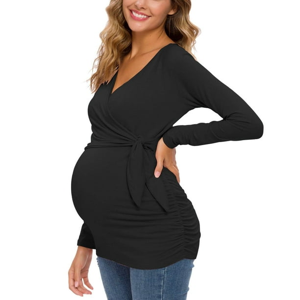 Glampunch Camisas de maternidad para mujer, camisetas de maternidad de manga corta y larga con lazo frontal